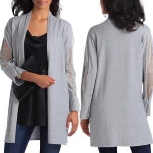 𝅺h Halston BNWT Gray Cardigan New Open Front Lace Sleeves
